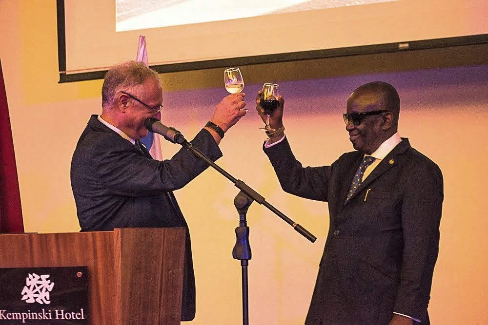 Israeli Ambassador to Ghana, H.E. Ami Mehl, toasts to Ghana's  National Security Minister, Kan Dapaah on the occasion of Israel's 70th anniversary.