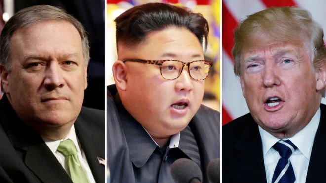 Mr Pompeo's (left) mission reportedly was to prepare for the Trump-Kim summit