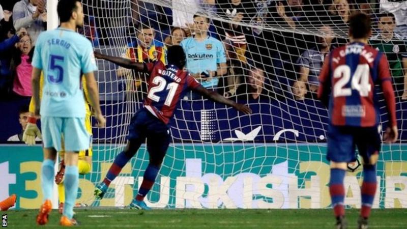 Emmanuel Boateng scored his first hat-trick to inflict Ernesto Valverde's first league defeat as Barcelona boss (Image credit: EPA)