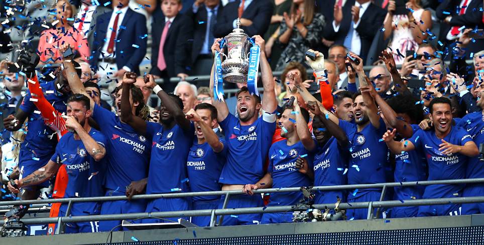 Gary Cahill of Chelsea lifts the Emirates FA Cup trophy (Photo by Catherine Ivill/Getty Images)