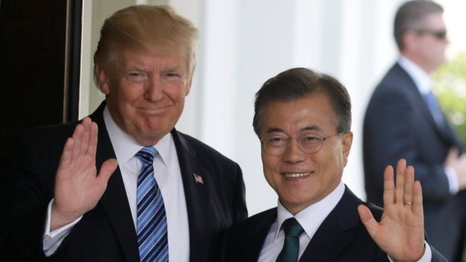 Mr Moon (right) will try to calm nerves in his meetings with Mr Trump (right)