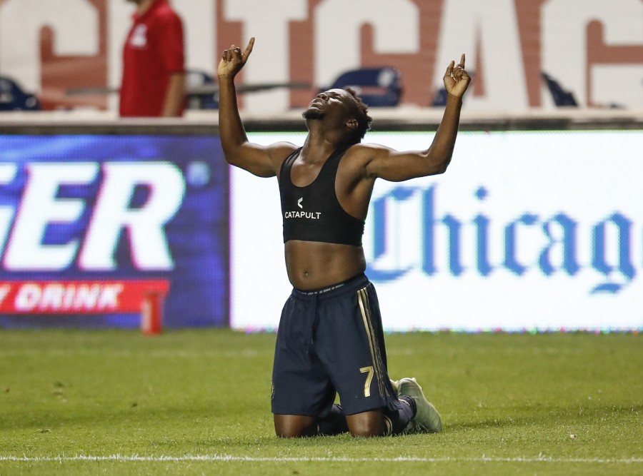 Jul 11, 2018; Bridgeview, IL, USA; Philadelphia Union forward David Accam (7) celebrates after scoring a game winning goal against the Chicago Fire during the second half at Bridgeview Stadium. Mandatory Credit: Kamil Krzaczynski-USA TODAY Sports