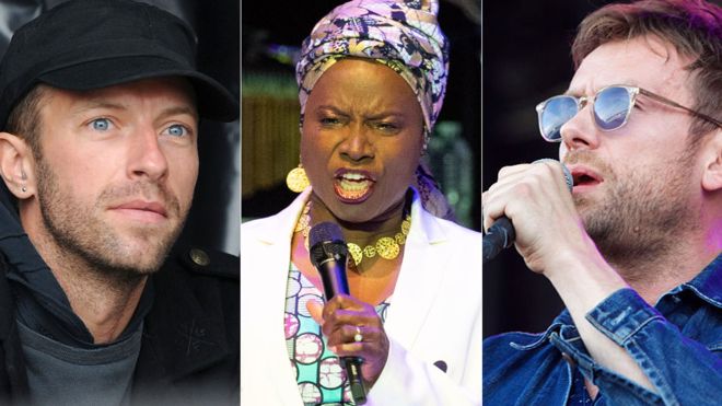 More than 80 artists, including Chris Martin (L), Angelique Kidjo (C) and Damon Albarn (R), want Bobi Wine freed