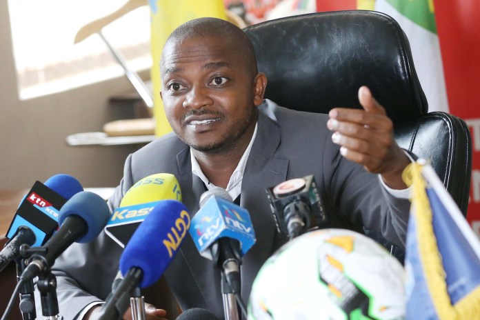 FKF President Nick Mwendwa makes an address during a press briefing held on August 28, 2018 at FKF House, Goal Project