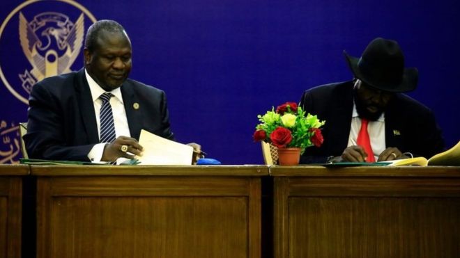 Riek Machar and Salva Kiir signed the agreement at a ceremony in Sudan