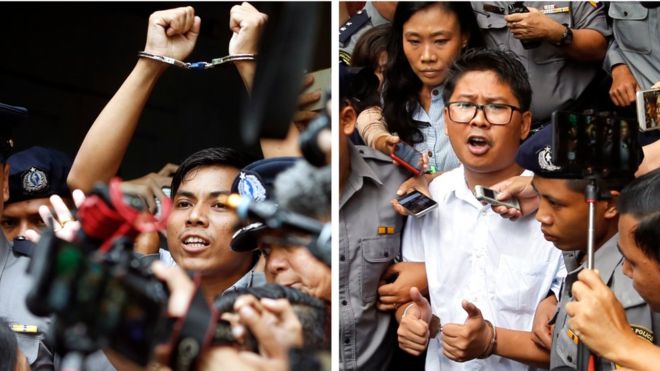 Kyaw Soe Oo (left) and Wa Lone say they were framed by the police