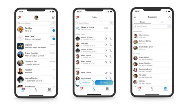 The new layout of the Skype app