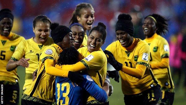The Reggae Girlz celebrate after defeating Panama in Texas to secure World Cup qualification (Image credit: Getty Images)