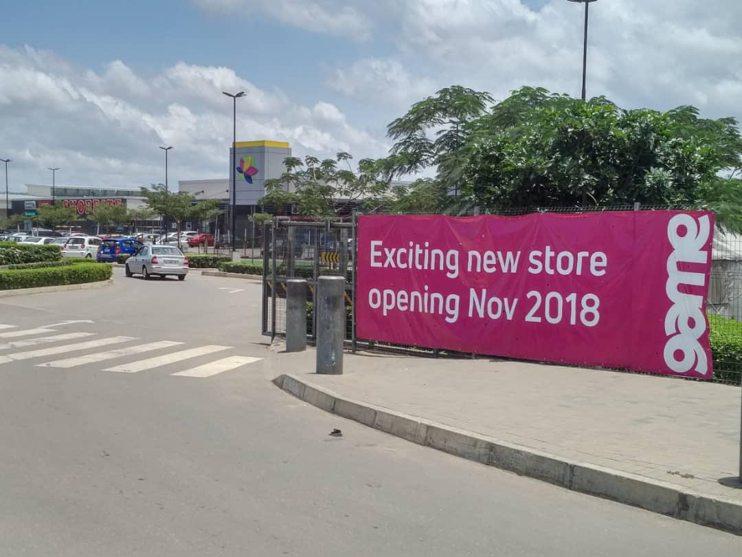 Signage announcing arrival of GAME at Achimota Mall