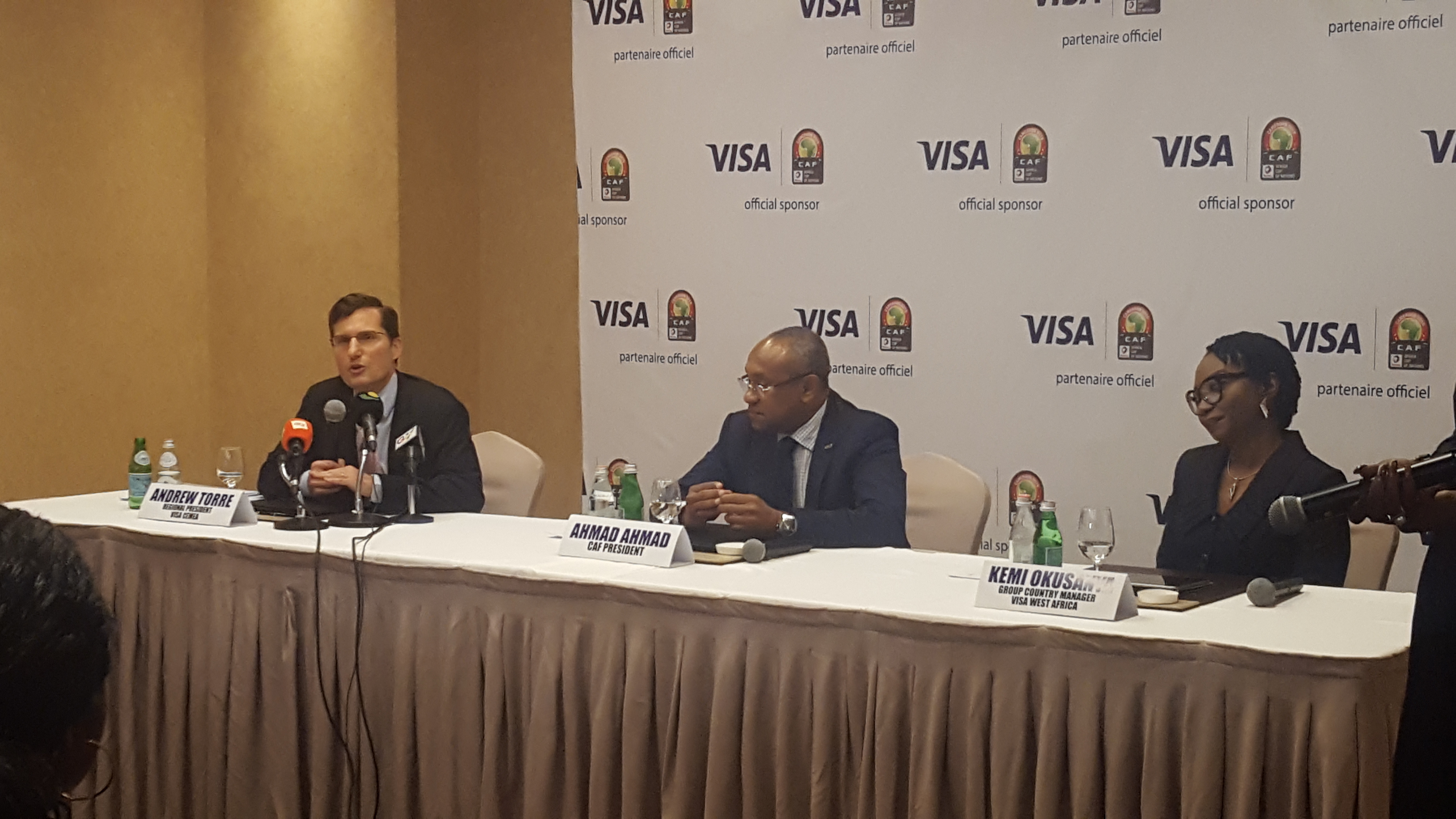 From Left:

Andrew Torre (Regional President, Central & Eastern Europe, Middle East and Africa (CEMEA), Visa), Ahmad Ahmad (CAF President), Kemi Okusanya (Group Country Manager, Visa West Africa)