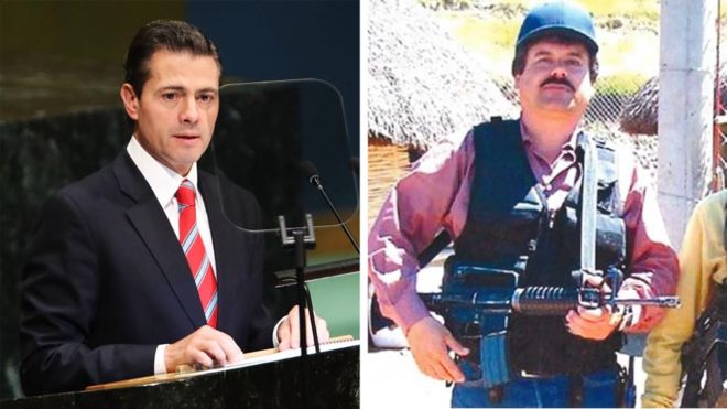 Former Mexican president Enrique Peña Nieto (L) and Joaquin "El Chapo" Guzman (R)