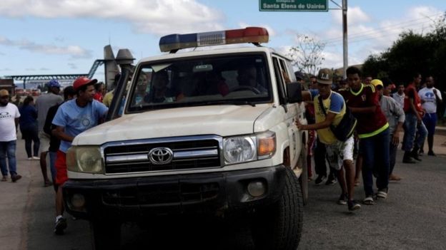An ambulance photographed responding to violent clashes near the border with Brazi