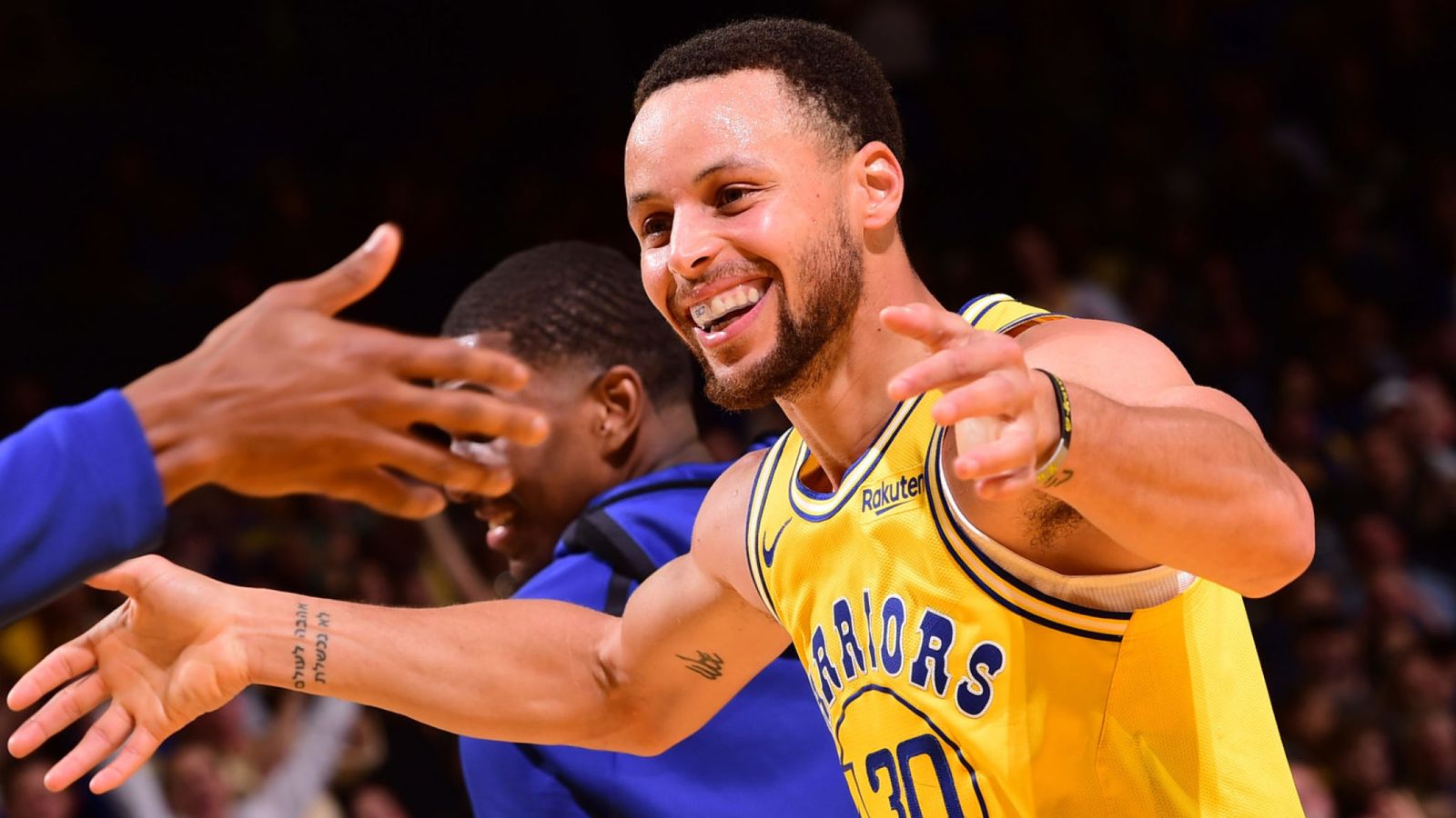 Stephen Curry celebrates during Golden State's win over Inidana