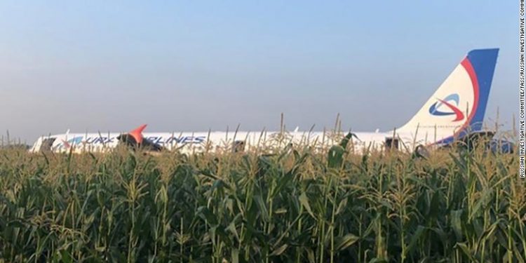 MOSCOW REGION, RUSSIA - AUGUST 15, 2019: An Airbus A321 plane of the Ural Airlines that has made a hard landing in a field near Zhukovsky International Airport due to an engine fire. Russian Investigative Committee/TASS (Photo by Russian Investigative CommitteeTASS via Getty Images)