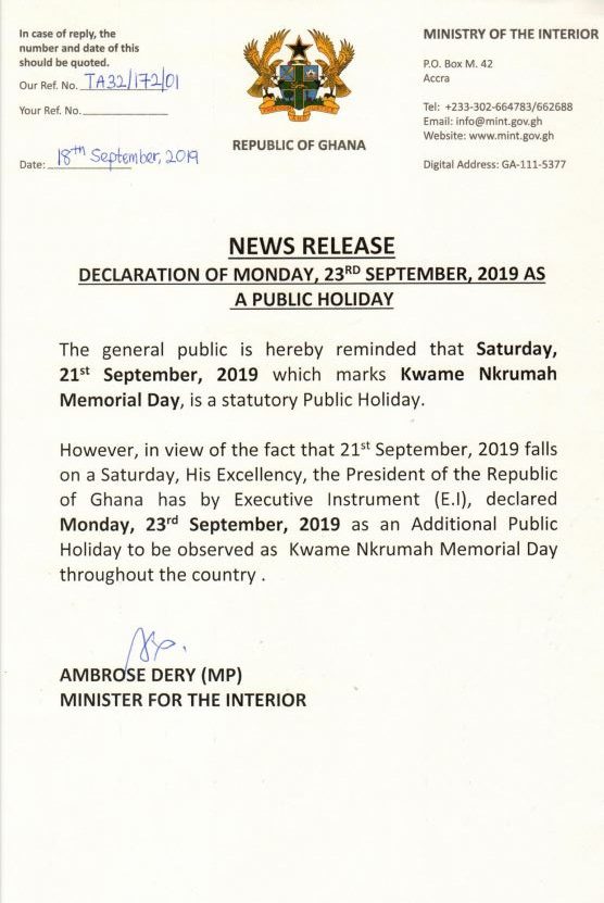 Gov’t declares Monday, September 23 a public holiday