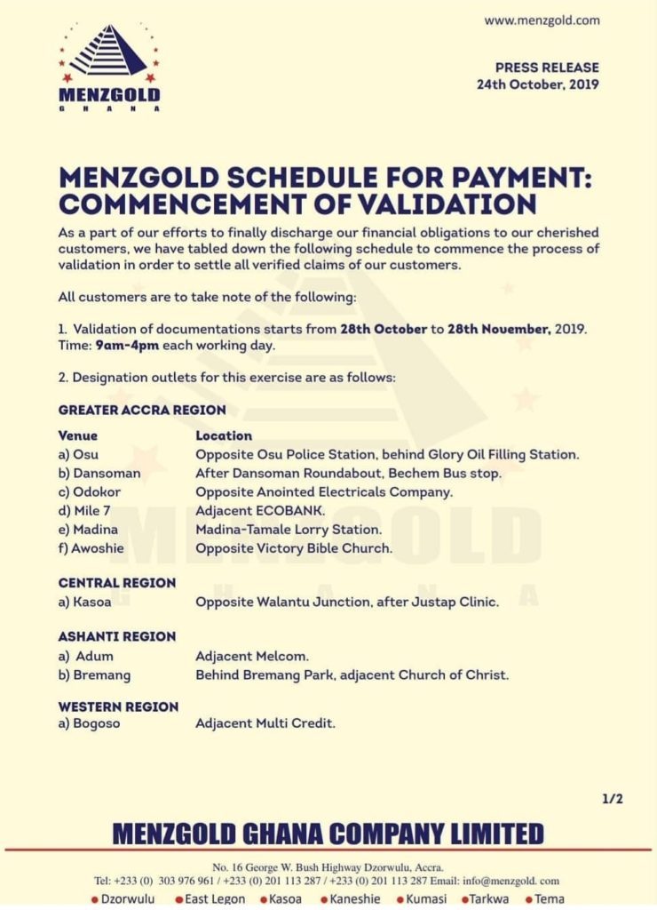 Menzgold to validate customers for payment from October 28
