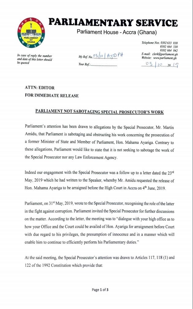 We’re not sabotaging Martin Amidu’s prosecution of Ayariga – Parliament