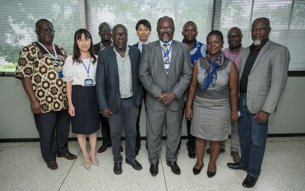 Front Row, From Left to Right: Dr. Samuel Dadzie, (Head Parasitology Dept, NMIMR), Yen Hai Doan (Junior Associate Professor, TMDU), Prof. G. Armah (Senior Research Fellow, NMIMR), Prof A. Kwabena Anang, (Director NMIMR), Mrs. Gloria Obeng- Benefo (PRO NMIMR), 
Back Row, Left to Right: Mr. Kwabena Kwadade, Legal & Compliance Manager (MPSG), Takaya Hayashi (Junior Associate Professor, TMDU), Dr. Francis Dennis (Research Fellow NIMR), Dr. Kofi Bonney (Research Fellow, NMIMR), Dr. Anthony Ablortey (Senior Research Fellow, NMIMR)