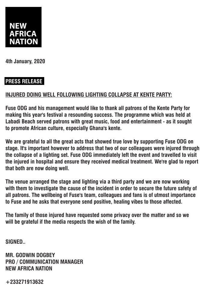 Casualties at Fuse ODG’s Kente Party doing well – Management