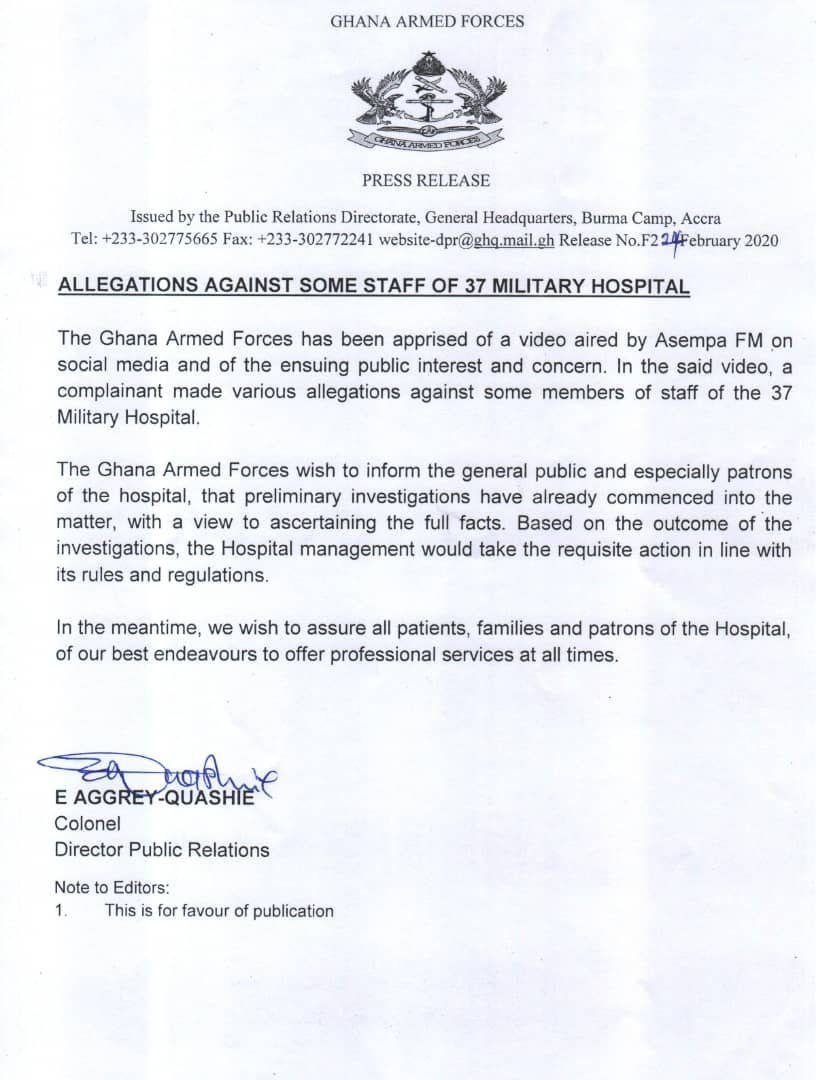 We’re probing allegations against 37 Military Hospital staff – Ghana Armed Forces