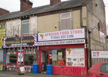 A Ghanaian food shop on Wellington Street in Gorton, Manchester, UK.