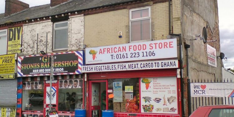 A Ghanaian food shop on Wellington Street in Gorton, Manchester, UK.