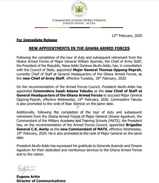 President Akufo-Addo appoints new Armed Forces chiefs