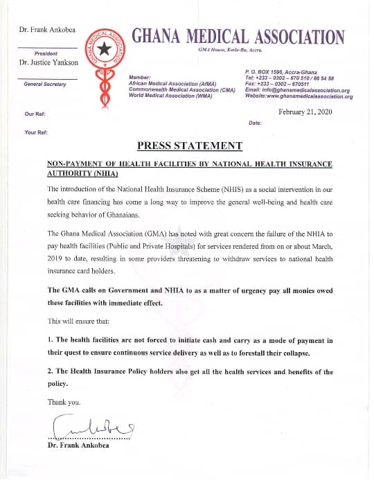 Pay NHIS arreas to health facilities now – Medical Association to Government