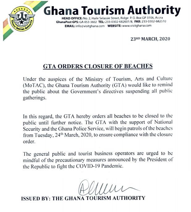 Ghana Tourism Authority closes down beaches to prevent spread of COVID-19