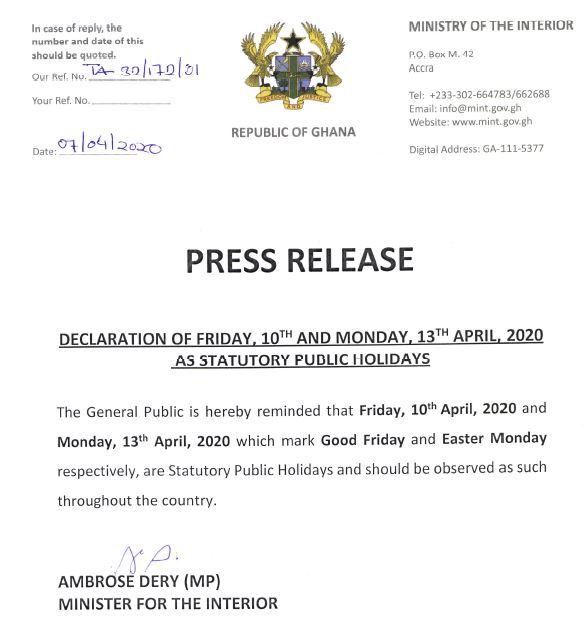 Government declares Friday and Monday as public holidays