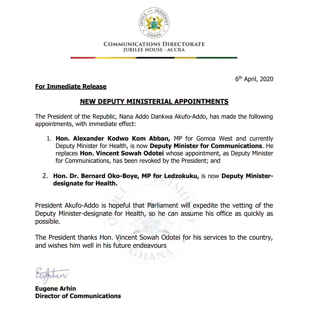 Vincent Sowah Odotei’s appointment as Deputy Communications Minister revoked