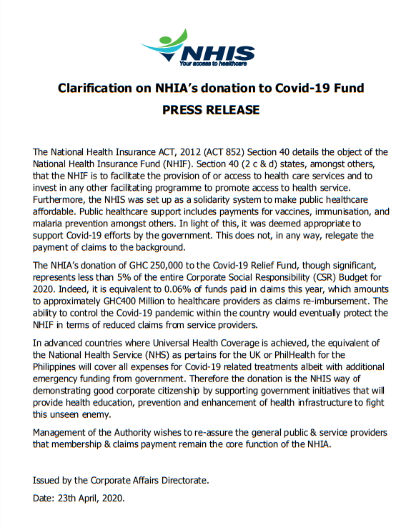 NHIA clarifies GHS250,000 donation to COVID-19 Fund