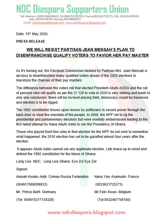 NDC Diaspora Supporters Union threatens to resist compilation of new voters register