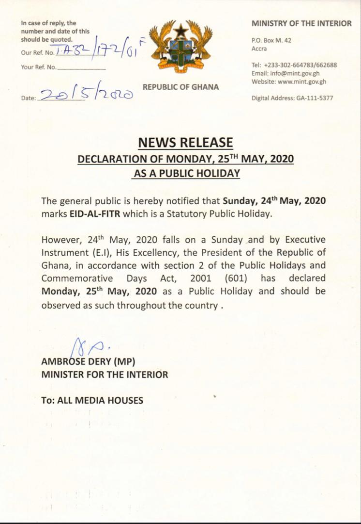 Government declares May 25th a public holiday