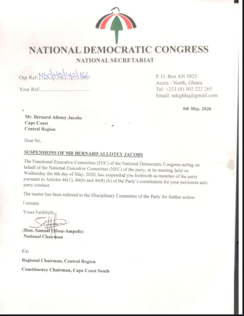 NDC suspends Allotey Jacobs over ‘anti-party conduct’