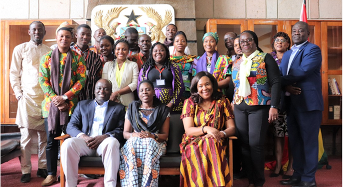 Youth leaders for Health Ghana, led by Dr. Anie (far right) in  a meeting with Ghana Ambassador to Ethiopia, H.E Amma Twum-Amoah (seated in the middle)