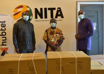 Receiving some of the items on behave of the Ministry. From left to right - Mr Richard Okyere-Fosu, Director General, National Information Technology Agency (NITA); Mr Ernest Apenteng Apenten, General Manager, Hubtel; Kwaku Kyei-Ofori, Dep. Director General, NITA