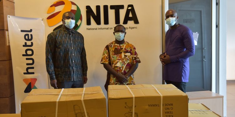 Receiving some of the items on behave of the Ministry. From left to right - Mr Richard Okyere-Fosu, Director General, National Information Technology Agency (NITA); Mr Ernest Apenteng Apenten, General Manager, Hubtel; Kwaku Kyei-Ofori, Dep. Director General, NITA