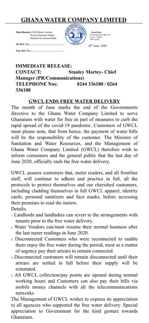COVID-19: Free water for Ghanaians ends tomorrow