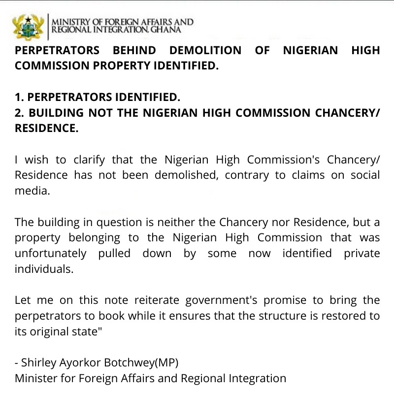 Demolished structure not Nigerian High Commission Chancery – Foreign Ministry