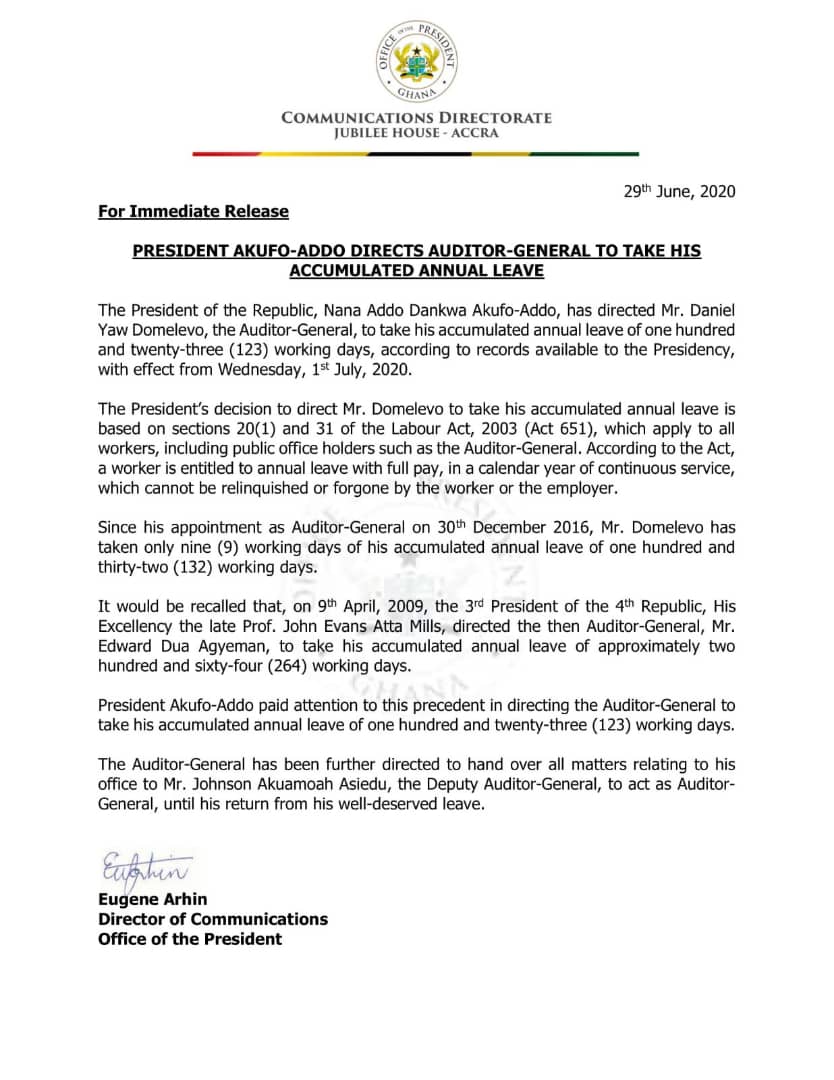 Akufo-Addo directs Domelovo to proceed on accumulated leave beginning July 1