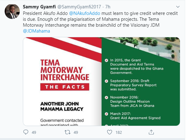 Credit Mahama for Tema Motorway Interchange, it’s his brainchild – Sammy Gyamfi to Nana Addo