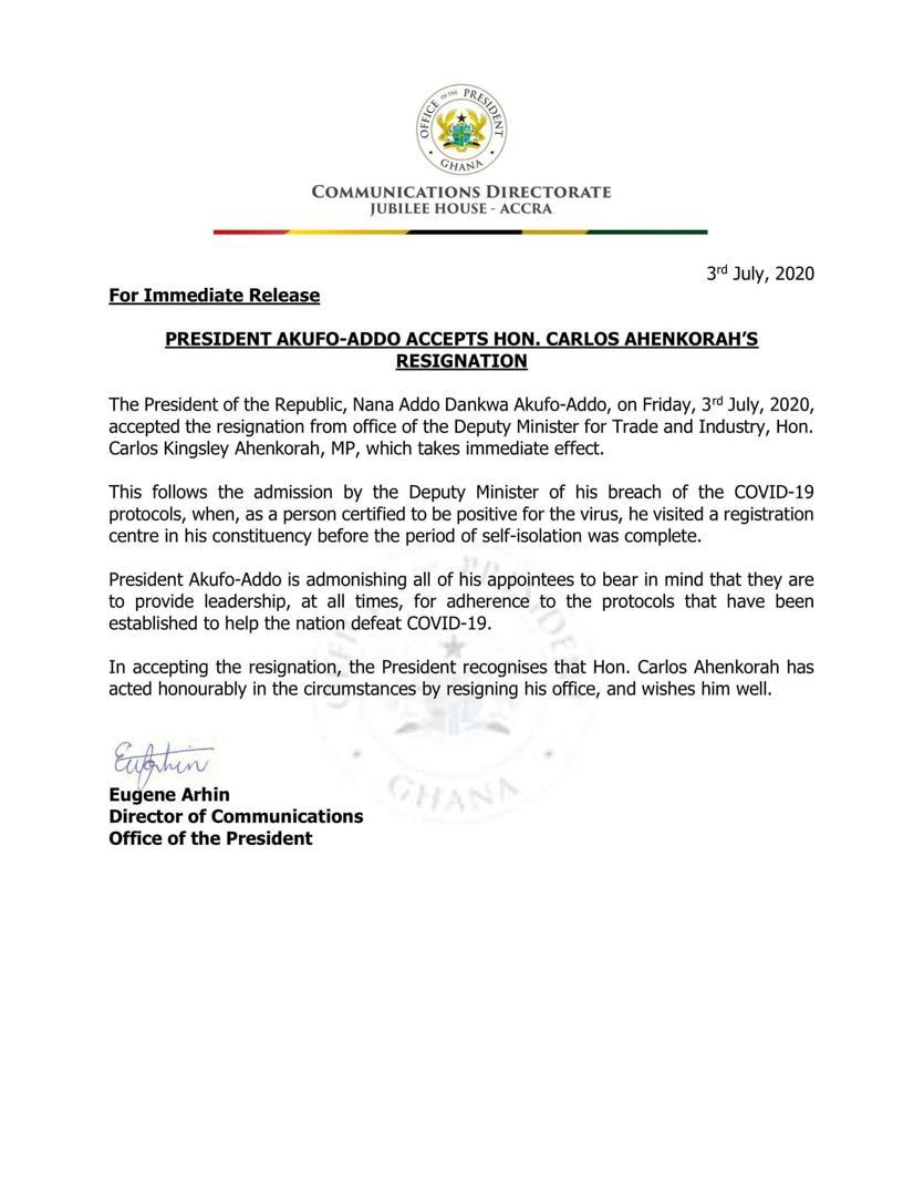 Carlos Ahenkorah resigns as Deputy Minister of Trade after breaching COVID-19 protocols
