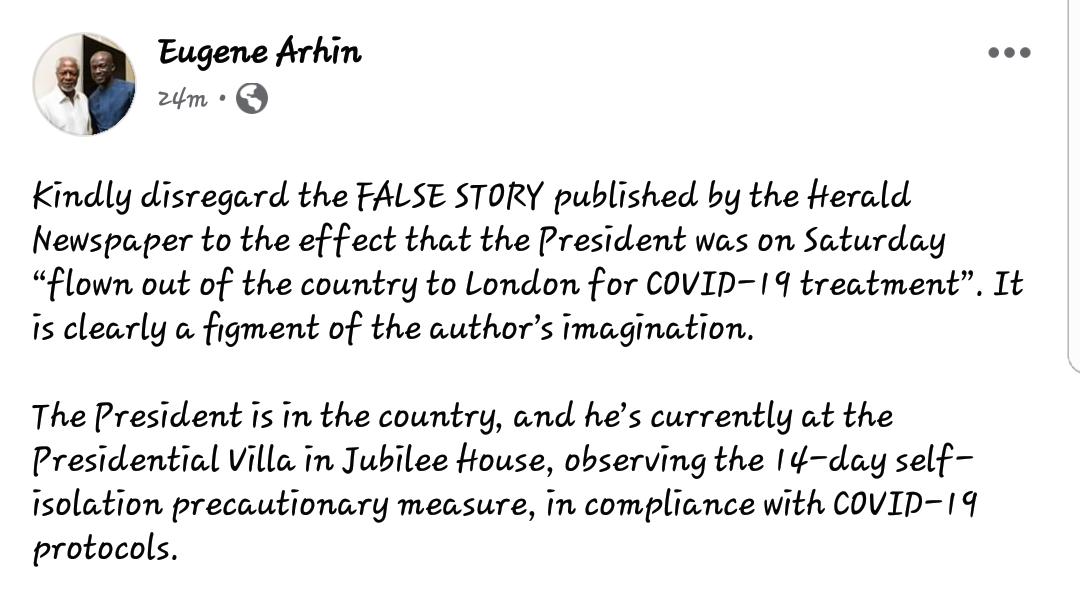 Akufo-Addo not in London for COVID-19 treatment; disregard false reports – Eugene Arhin