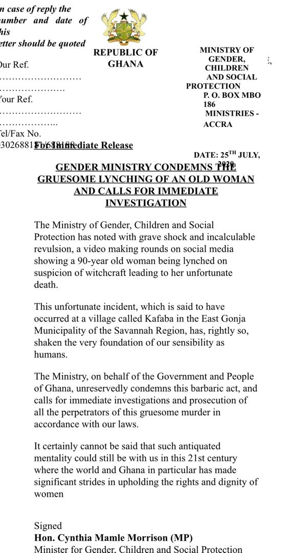 Gender Ministry calls for probe, prosecution of persons who lynched 90-year-old woman