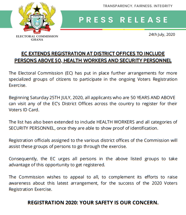 EC extends registration at district offices to include health, security personnel