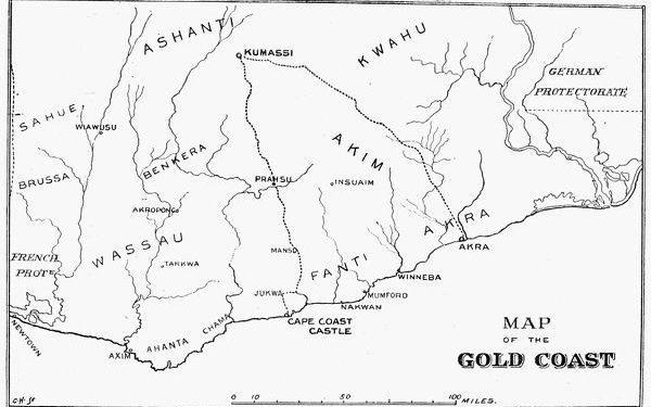 MAP OF THE GOLD COAST, 1895.
The Gold Coast in Ghana, from an English newspaper of 1895.