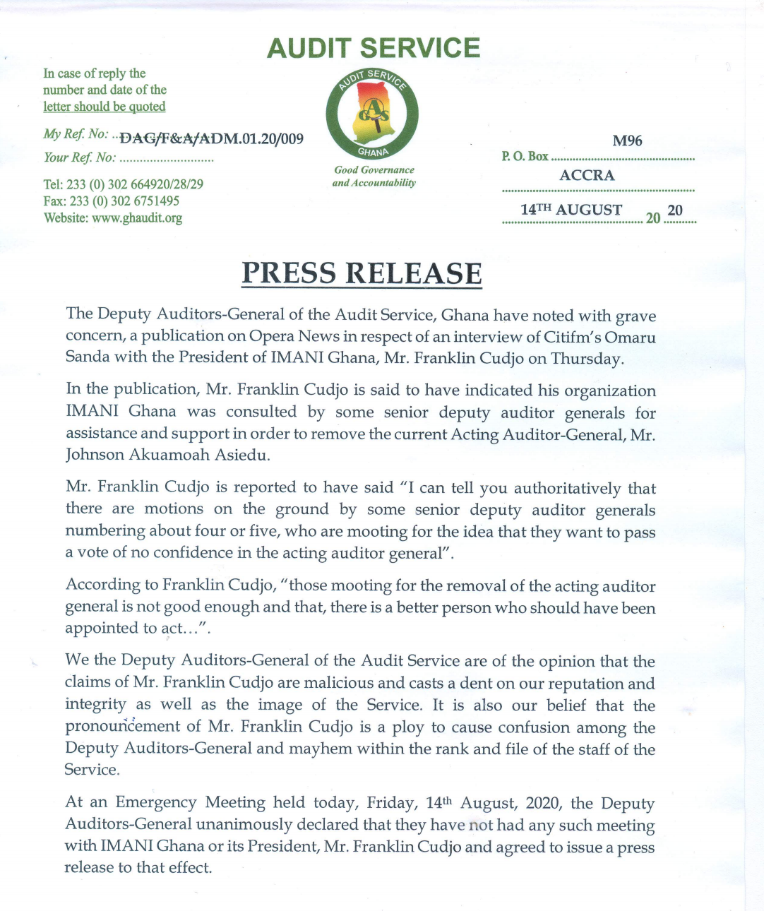 Deputy Auditors-General challenge IMANI boss over alleged plot against Acting Auditor-General