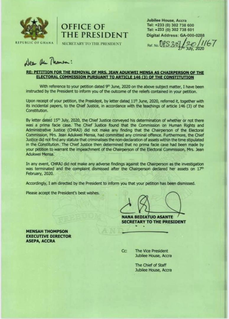 Nana Addo dismisses ASEPA’s petition for Jean Mensa’s removal