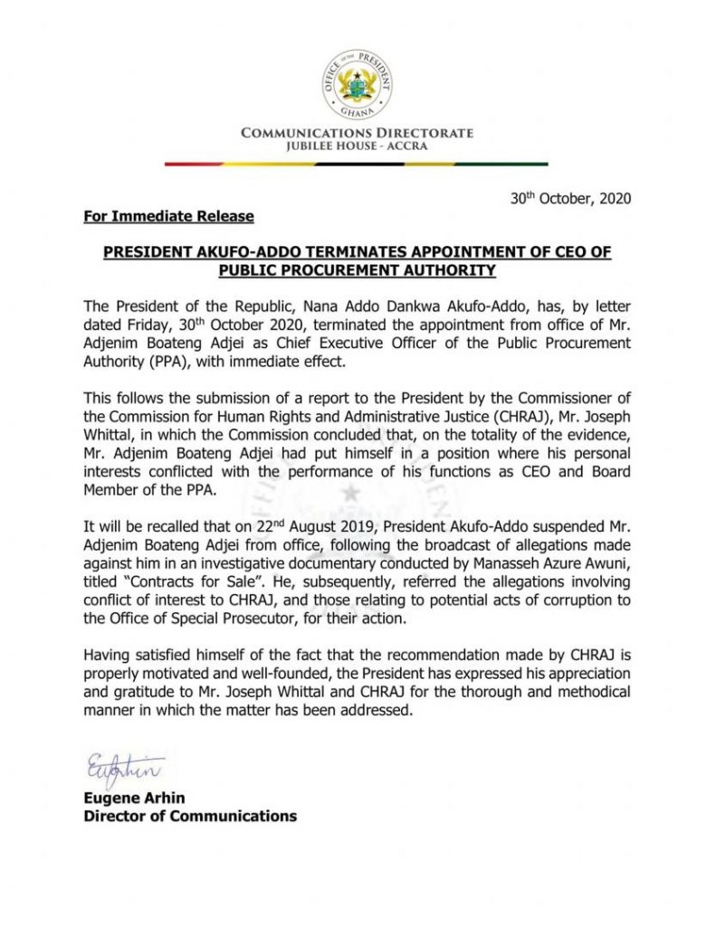 Akufo-Addo terminates appointment of PPA CEO, Adjenim Boateng Adjei
